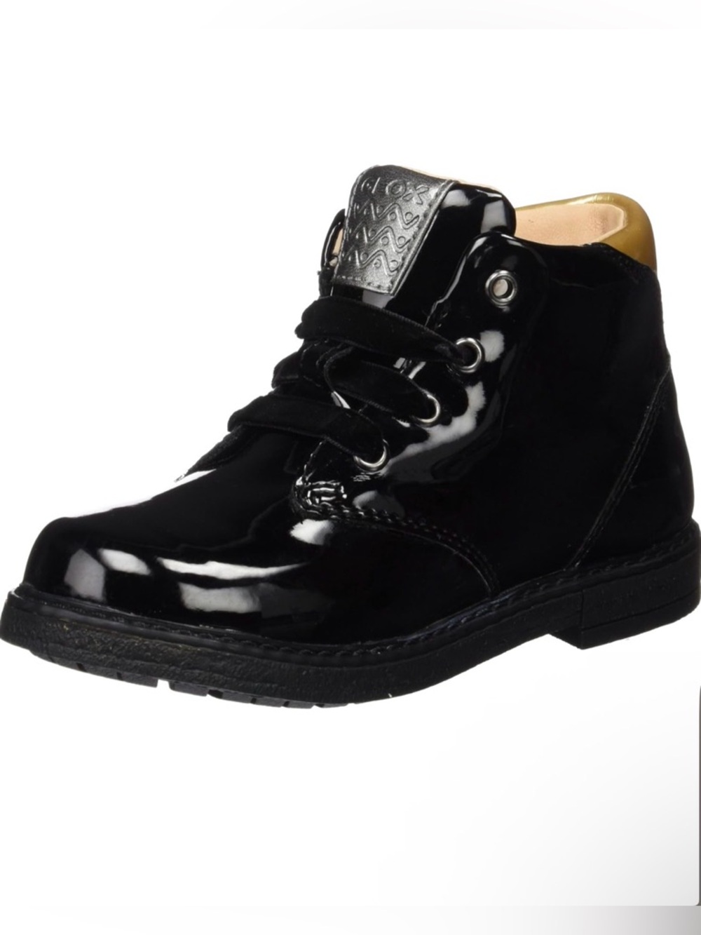 Geox Breathable Girls Black Patent Leather Boots With Velvet Laces - Sz 6 1/2